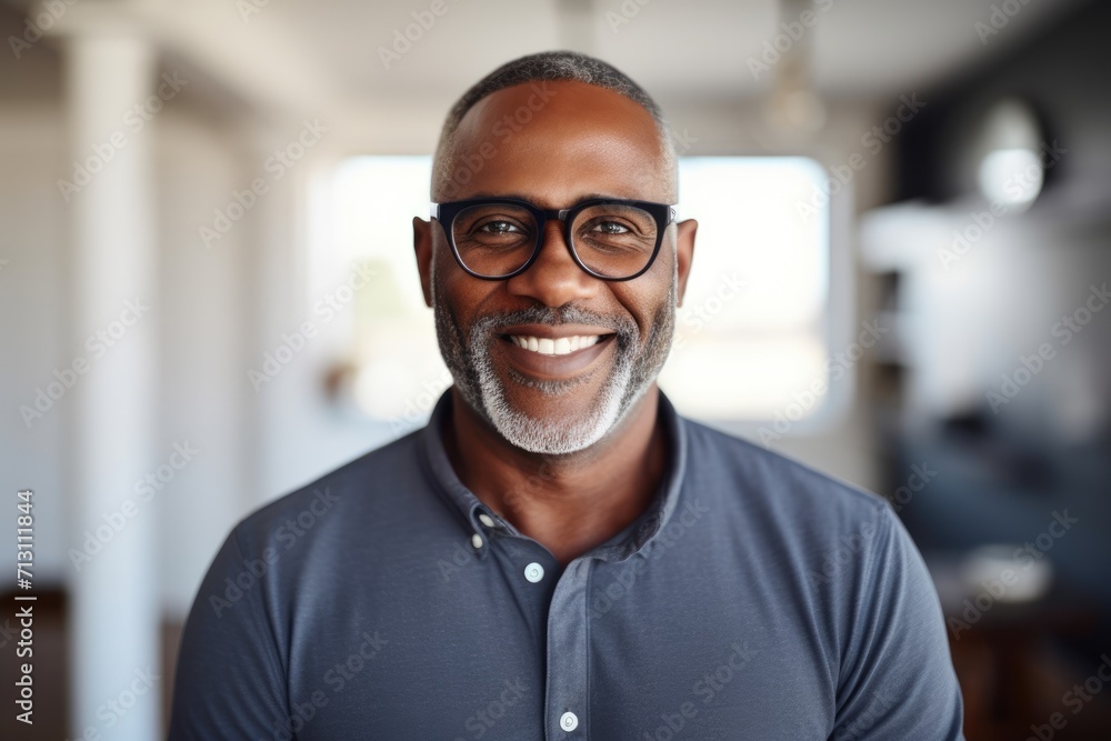 Black History Month, Smiling mature man wearing spectacles. Portrait of african american confident man at home. Successful entrepreneur Black History Month, Smiling mature man wearing spectacles. Portrait of african american confident man at home. Successful entrepreneur