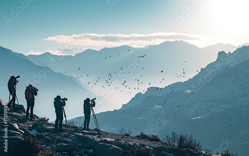 Mountain Pass Observation: A scene featuring birdwatchers with telescopes positioned on a mountain pass, witnessing migratory birds as they travel through breathtaking landscapes	