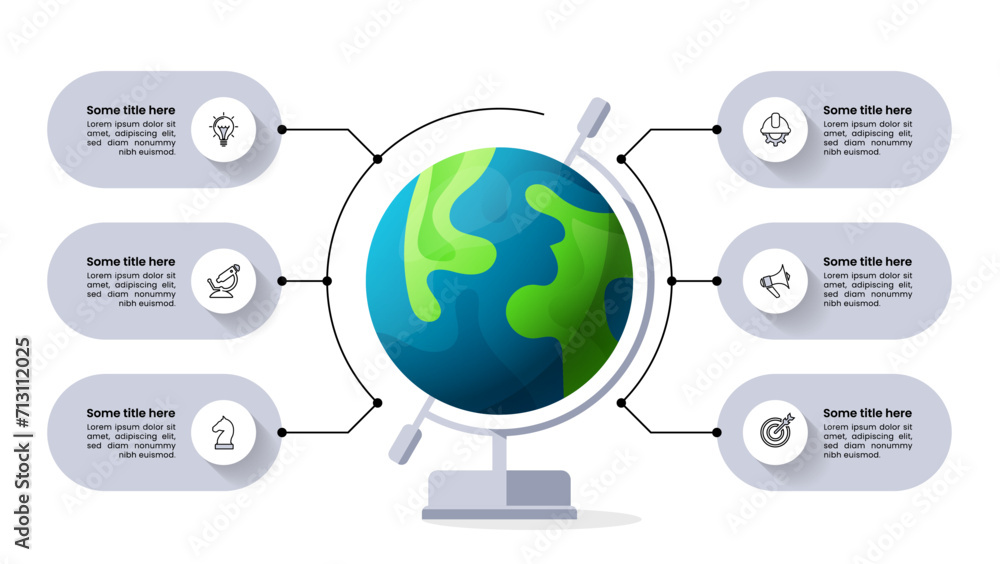 Infographic template. Globe with 6 steps and icons