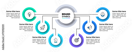 Infographic template. 6 linked circles with icons