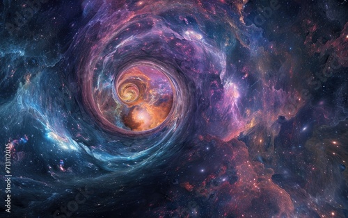 Majestic Spiral Galaxy Embraced by Cosmic Nebulae in the Vast Universe