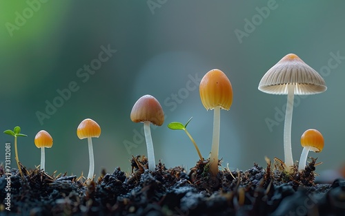 Mushroom Life Cycle: A visual narrative capturing different stages of mushroom growth, from tiny buds to mature caps, portraying the full life cycle of these fascinating fungi