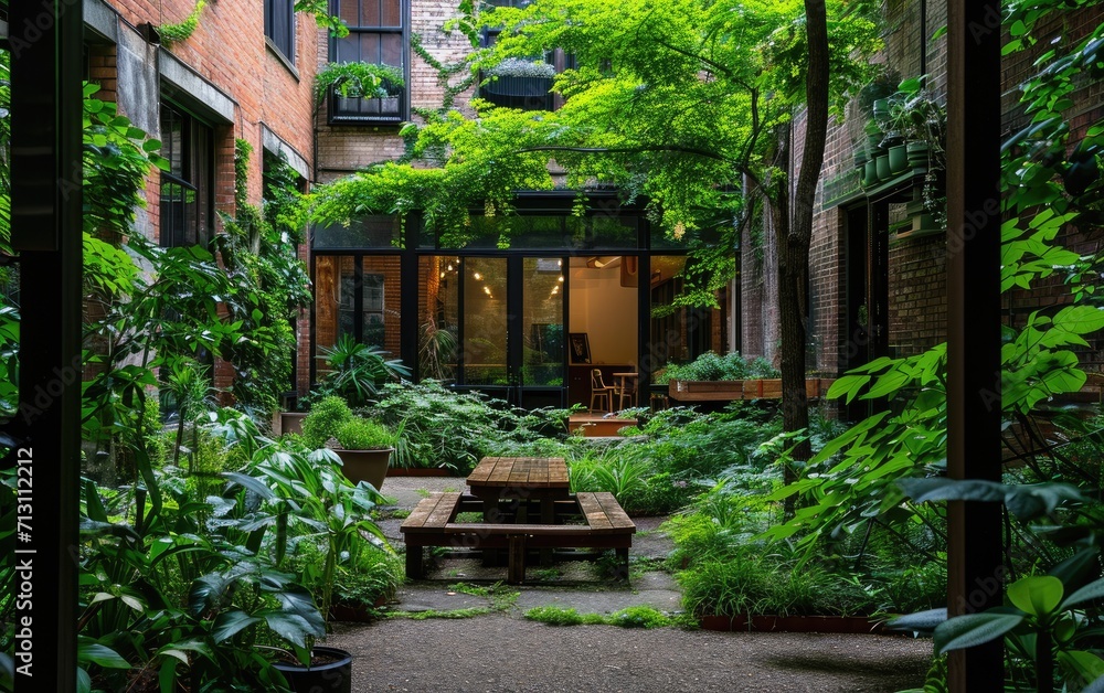 An urban courtyard transformed into a green sanctuary, emphasizing the positive impact of incorporating nature into city spaces An urban courtyard transformed into a green sanctuary, emphasizing the positive impact of incorporating nature into city spaces