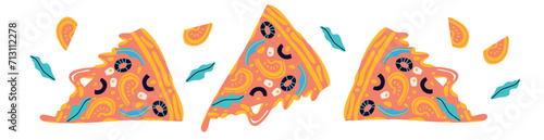 Pizza cartoon poster illustration. Pizza abstract banner. Funny colored typography poster, apparel print design, restaurant menu decoration. Colored food poster wall. Pizza ingredients hand drawing