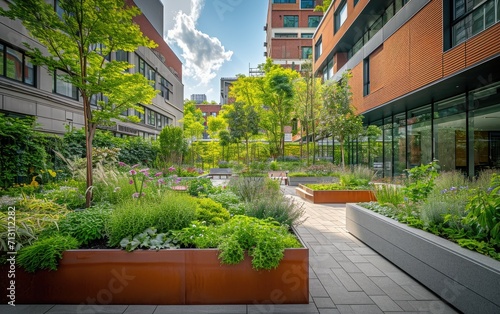 An urban courtyard transformed into a green sanctuary, emphasizing the positive impact of incorporating nature into city spaces photo
