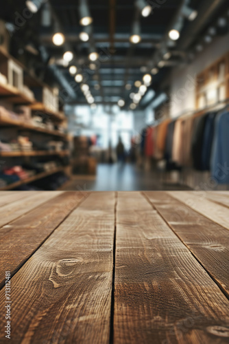  wooden top table with blurred of Clothes Shop Costume Dress Fashion Store Style Concept