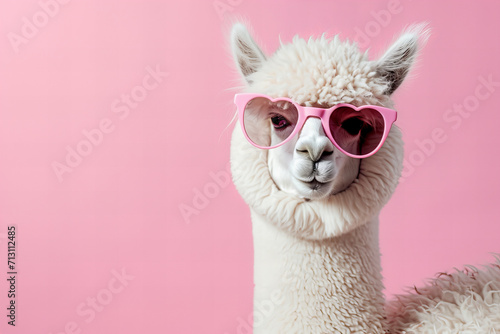 cute white alpaca wearing pink heart shaped sunglasses isolated on light pastel pink background with copy space © ALL YOU NEED studio