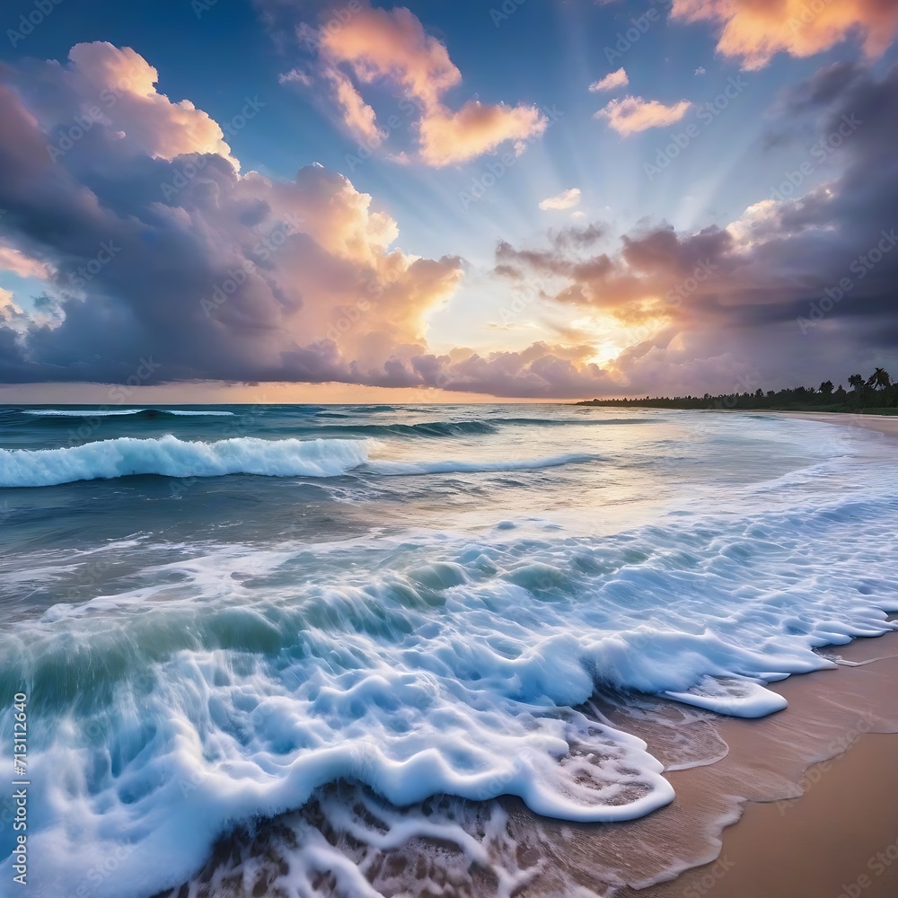 Tropical beach panorama view with foam waves before storm, seascape with Palm trees, sea or ocean water under sunset sky with dark blue clouds. Background summer