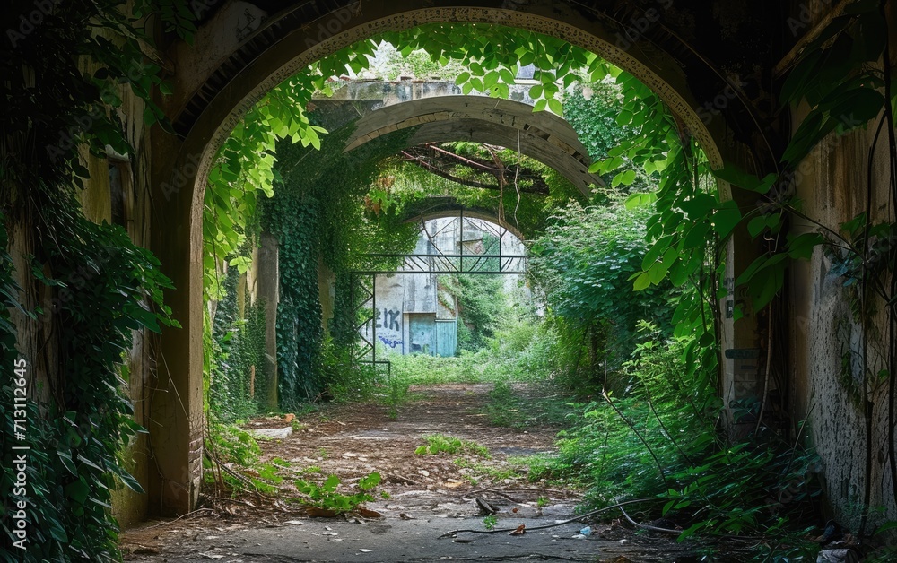 An overgrown archway in the city, where vines and greenery reclaim architectural structures, illustrating the resilience of nature in urban environments