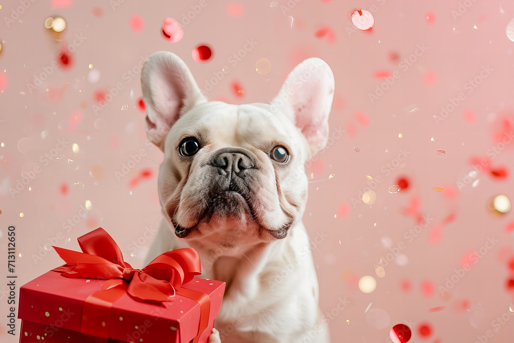 cute white french bulldog holds out a red gift box with  bow isolated on light pastel pink background with  confetti