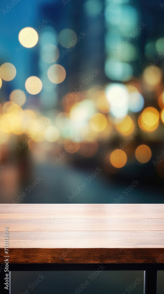 Wooden table bokeh city view background, empty wood desk tabletop counter surface product display mockup with blurry cityscape lights abstract backdrop presentation. Mock up, copy space. Wooden table bokeh city view background, empty wood desk tabletop counter surface product display mockup with blurry cityscape lights abstract backdrop presentation. Mock up, copy space.
