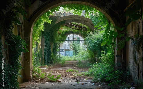 An overgrown archway in the city, where vines and greenery reclaim architectural structures, illustrating the resilience of nature in urban environments