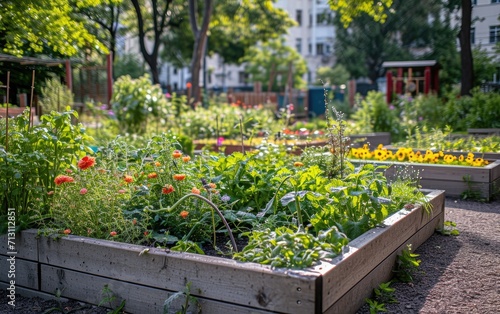 A community garden in an urban setting, emphasizing rewilding efforts