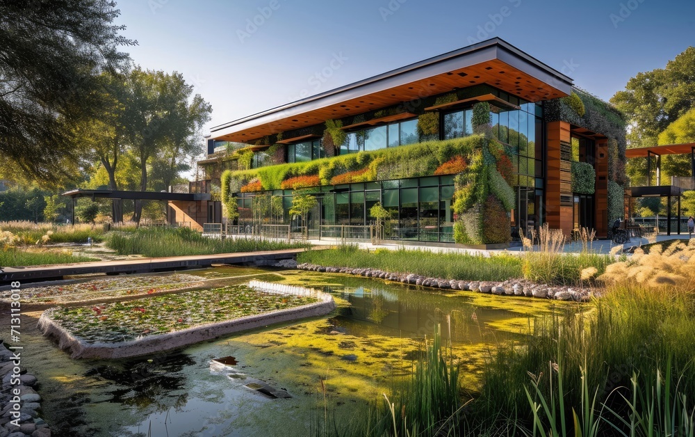 A green building featuring a water-efficient landscaping design and recycled building materials