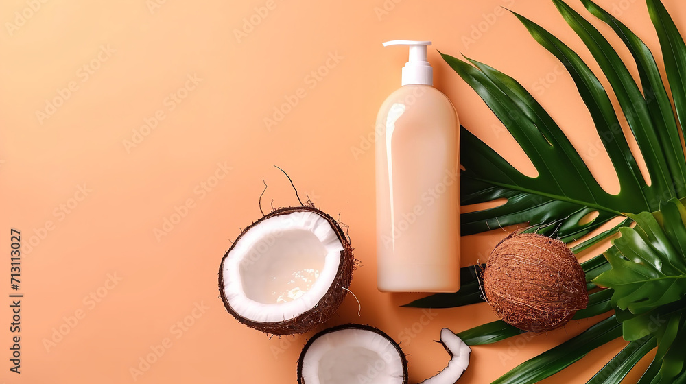 Bottle of hair shampoo and fresh organic coconut , natural cosmetic on light orange background Bottle of hair shampoo and fresh organic coconut , natural cosmetic on light orange background