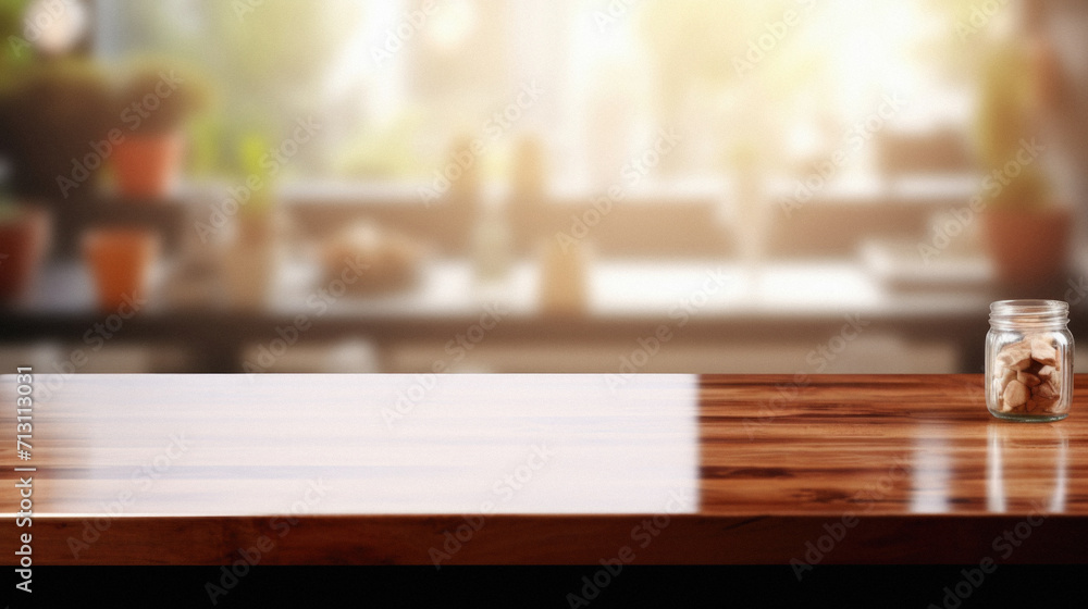 Wooden kitchen home table bokeh background, empty wood desk tabletop food counter surface product display mockup with blurry cafe abstract backdrop advertising presentation. Mock up, copy space. Wooden kitchen home table bokeh background, empty wood desk tabletop food counter surface product display mockup with blurry cafe abstract backdrop advertising presentation. Mock up, copy space.