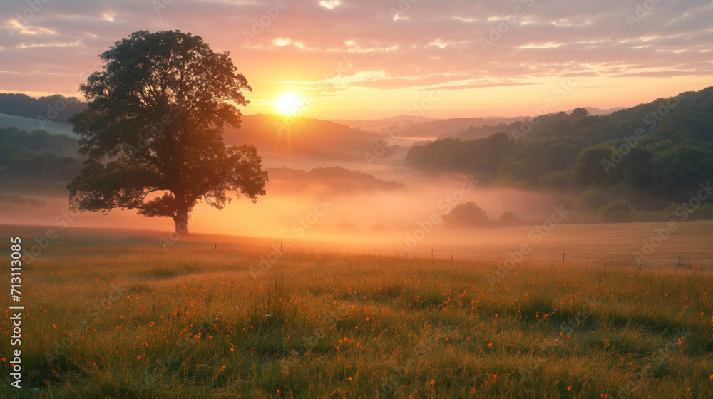 panorama view of a sunrise on a misty field with a tree panorama view of a sunrise on a misty field with a tree