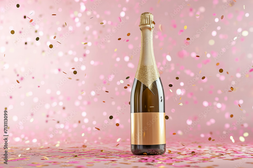 Fototapeta premium blank golden mock-up champagne bottle on a pastel light pink background with heart shaped pink blurred confetti 