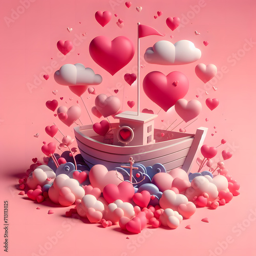 Valentine's Day background 3d boat full of hearts in pink color 
