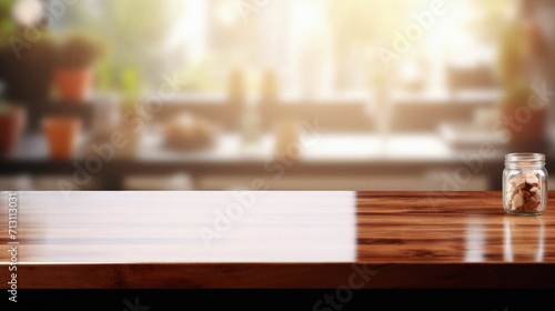 Wooden kitchen home table bokeh background  empty wood desk tabletop food counter surface product display mockup with blurry cafe abstract backdrop advertising presentation. Mock up  copy space.
