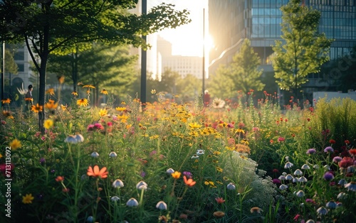 A rewilded city square with pollinator-friendly gardens photo