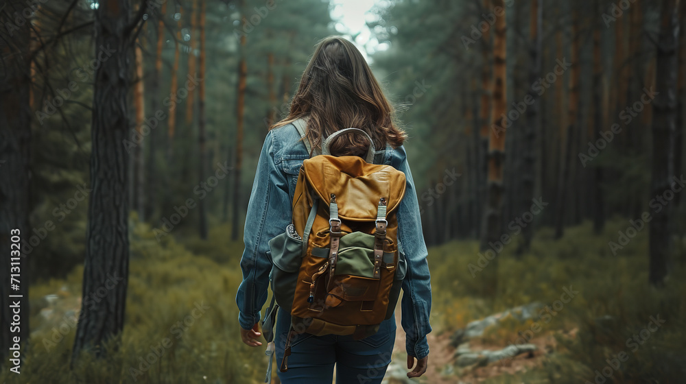 Traveller woman with a backpack walks along in a pine forest path ...