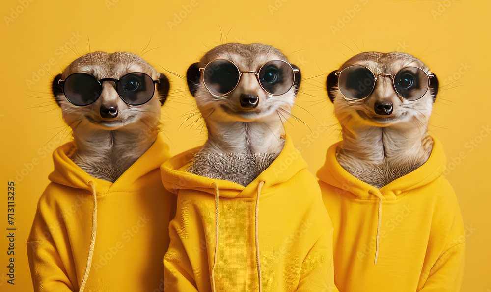 Meerkats in yellow hoodies and sunglasses