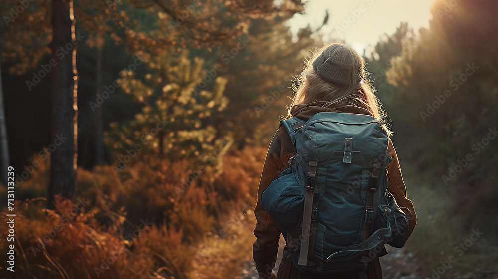  Traveller woman with a backpack walks along in a pine forest path, adventure