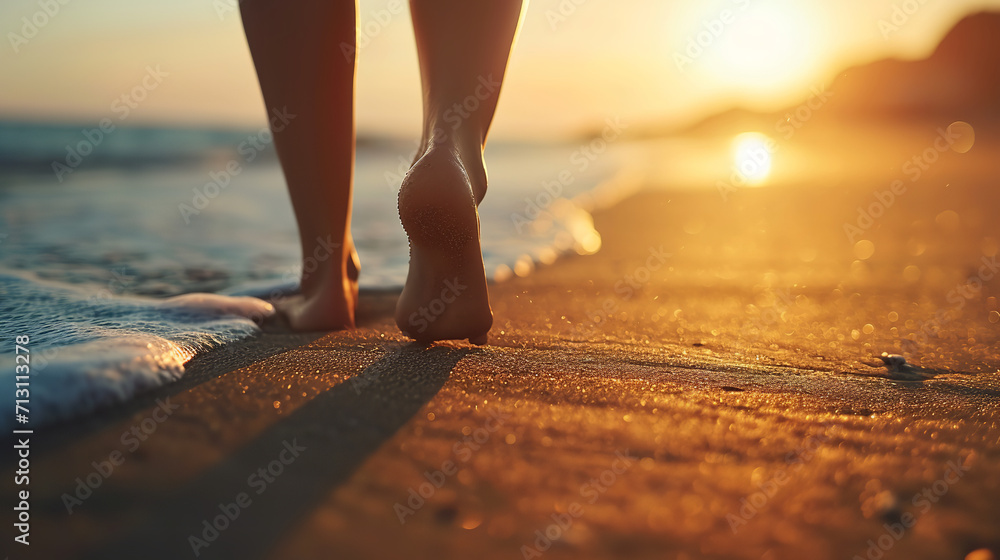 Closeup of woman feet walking on sand beach during a golden hour sunset - obrazy, fototapety, plakaty 