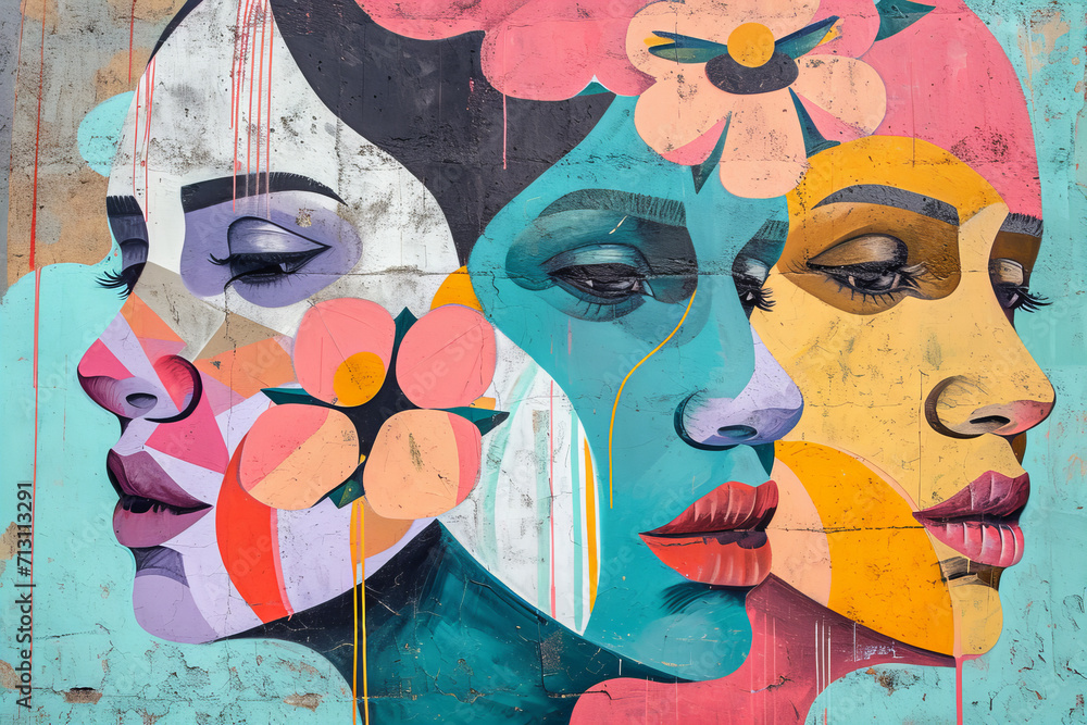 Obraz premium mural street art graffiti on the wall. Abstract pastel color woman faces with flowers .
