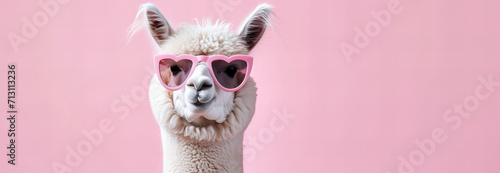 cute white alpaca wearing pink heart shaped sunglasses isolated on light pastel pink background with copy space