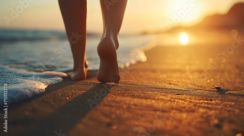 Closeup of woman feet walking on sand beach during a golden hour sunset photo