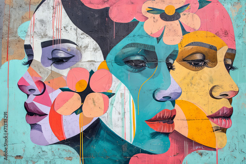 mural street art graffiti on the wall. Abstract pastel color woman faces with flowers . photo