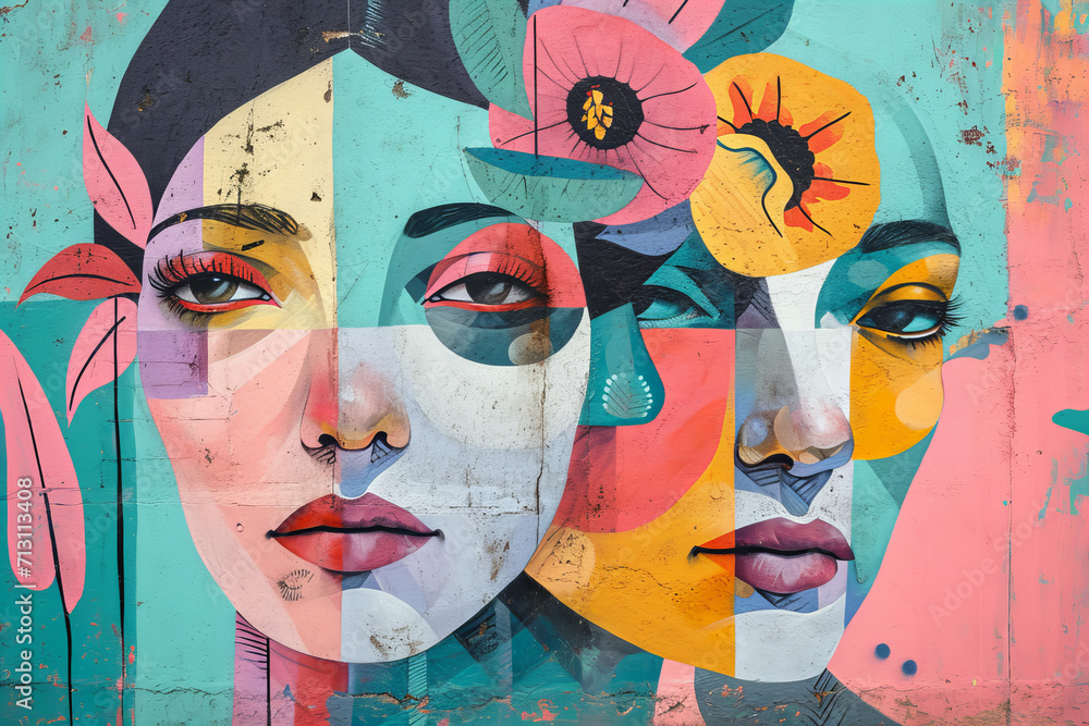 Obraz premium mural street art graffiti on the wall. Abstract pastel color woman faces with flowers .