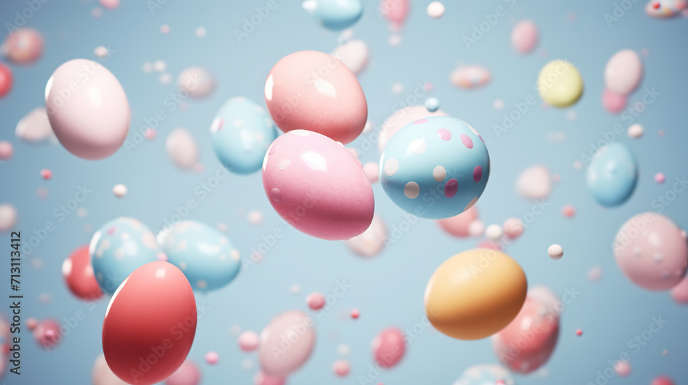 Easter eggs decorated in pastel colors flying on a blue background. Creative concept for Easter holiday