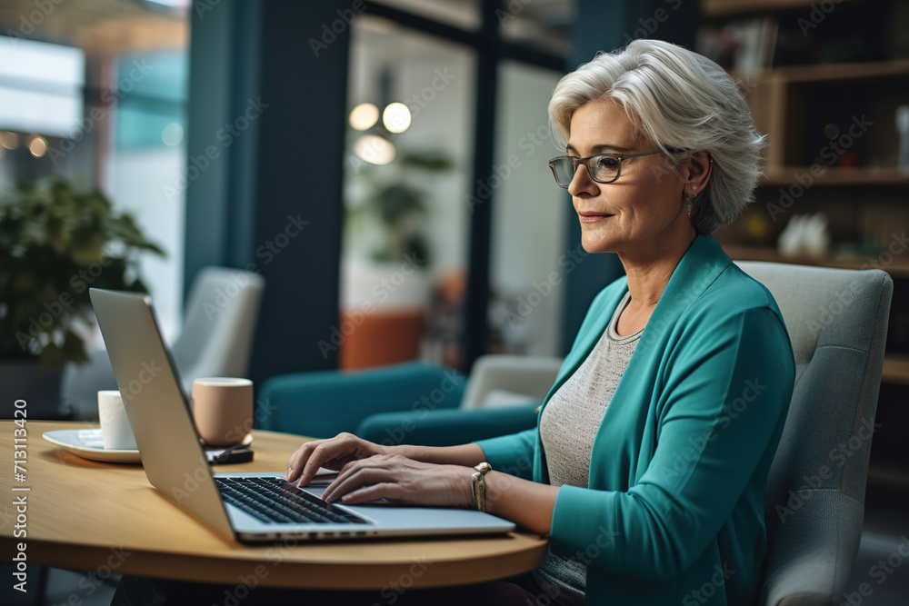 Beautiful senior woman using laptop computer while sitting at comfortable chair at home. Beautiful senior woman using laptop computer while sitting at comfortable chair at home.