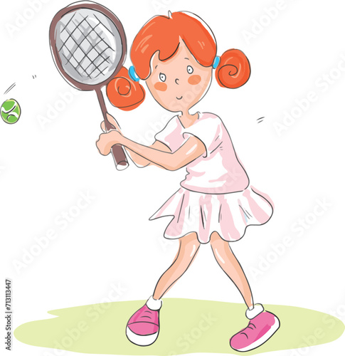 Young girl playing tennis. Girl hitting the ball with a tennis racket.