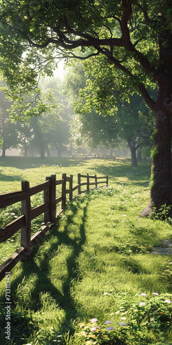 grass park trees beautiful scene with a fence, in the style of ethereal nature scenes