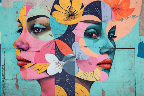 mural street art graffiti on the wall. Abstract pastel color woman faces with flowers . photo