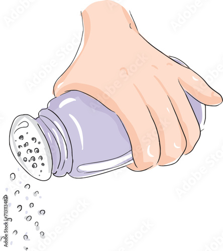 A hand and a salt shaker. Pouring salt on food.