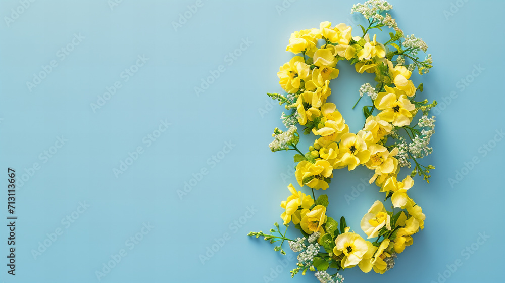 number 8  shaped layout with yellow flowers on pastel blue background