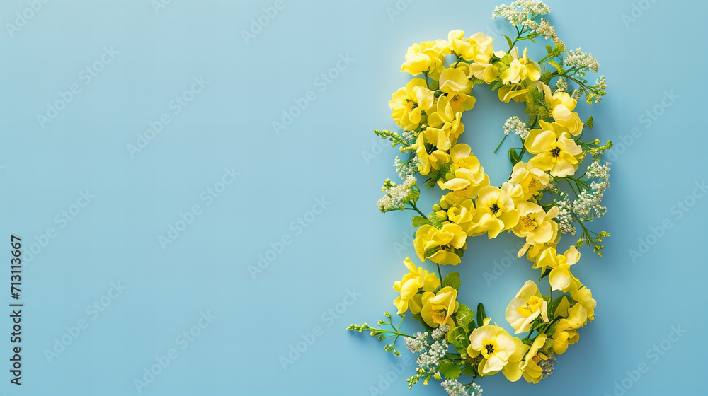 Obraz premium number 8 shaped layout with yellow flowers on pastel blue background