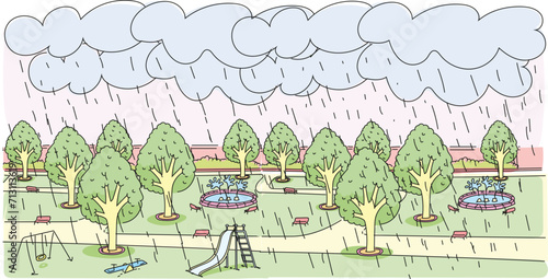 Rain falling on the city, playground illustration.