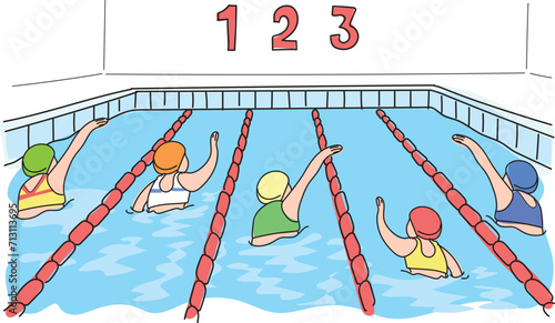 Child swimmers doing swimming race in Olympic pool.