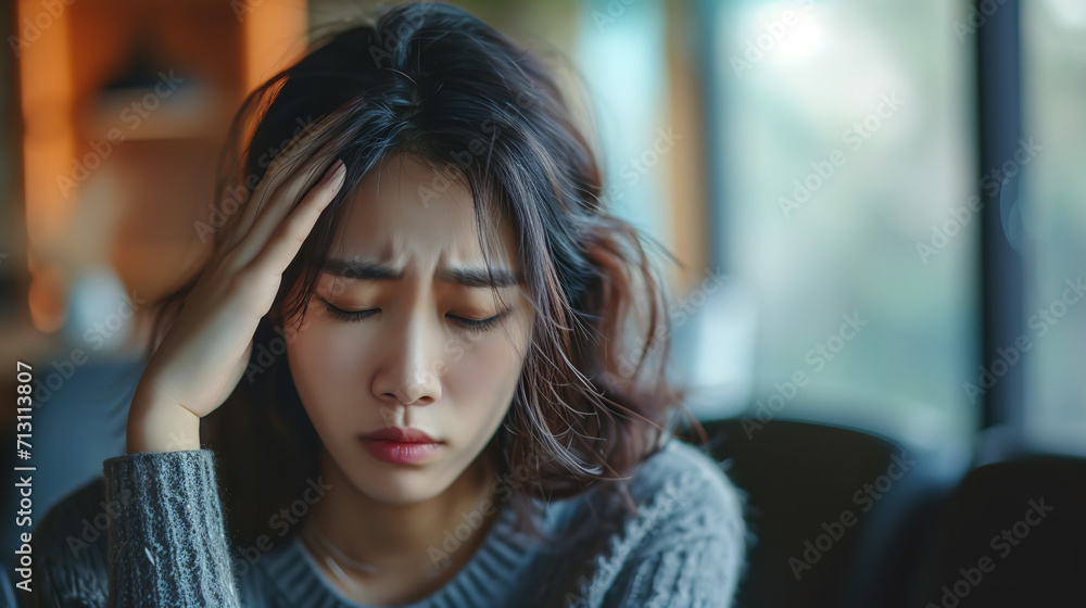 Sad tired young asian woman touching forehead having headache migraine or depression, upset frustrated girl troubled with problem feel stressed Sad tired young asian woman touching forehead having headache migraine or depression, upset frustrated girl troubled with problem feel stressed