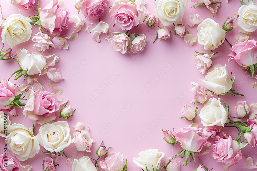 
pastel pink light roses border frame in the heart shape and empty white inside