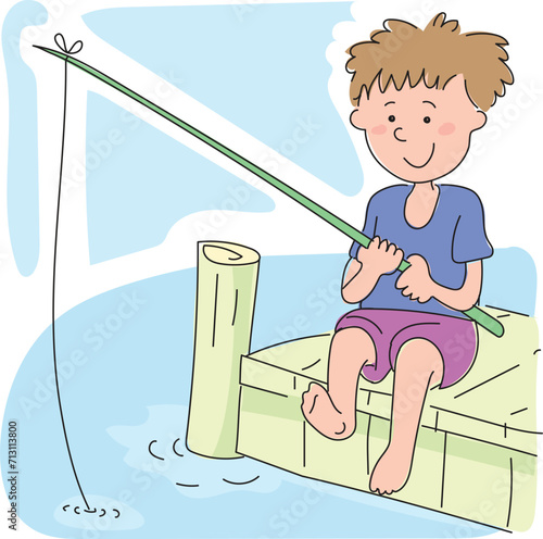 Little boy fishing with a fishing rod on the pier.