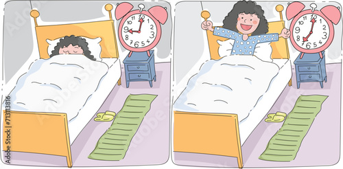 Slika na platnu The little girl who goes to bed at nine in the evening and wakes up early in the morning to go to school