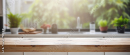 Wooden kitchen home table bokeh background  empty wood desk tabletop food counter surface product display mockup with blurry cafe abstract backdrop advertising presentation. Mock up  copy space.