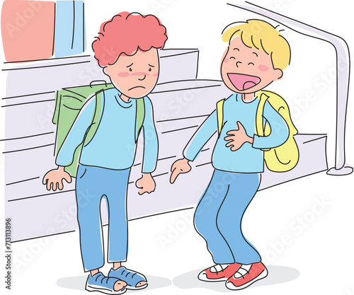 The boy at school making fun of his friend whose shoe was torn. The student boy who offended his friend.